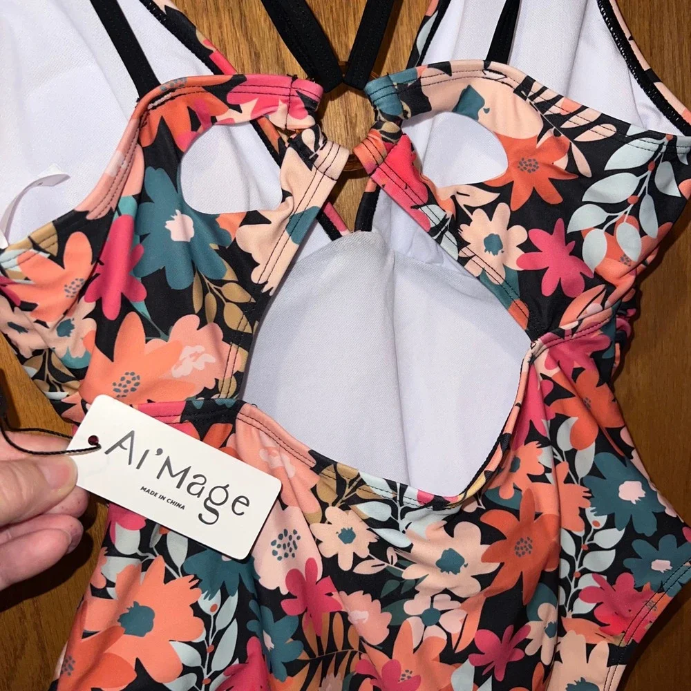 Ai Mage Floral One Piece Swimsuit Women's Size S Backless Criss Cross Straps NWT